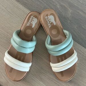 Women’s Sorel Ella 2 Puff Slide Sandal in Teal and White Size 10.5